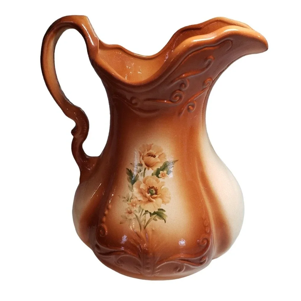 Antique Ironstone‎ USA Water Pitcher Copper Rust Ombre Floral